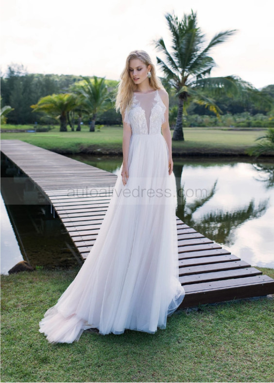 Ivory Lace Tulle V Open Back Wedding Dress Ivory Lace Tulle V Open Back Wedding Dress